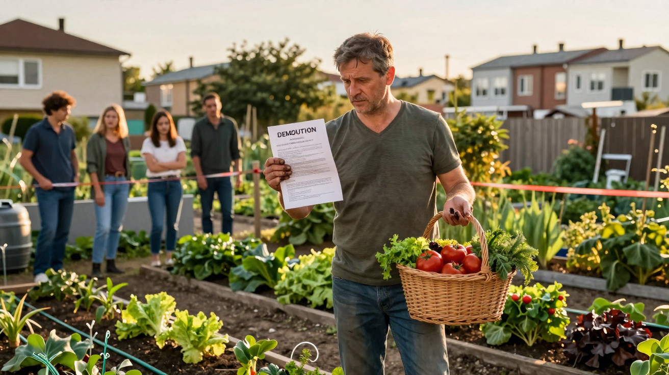 Mann mit Erntekorb und Kündigungsschreiben im Gemeinschaftsgarten, im Hintergrund vier Personen und Absperrband.