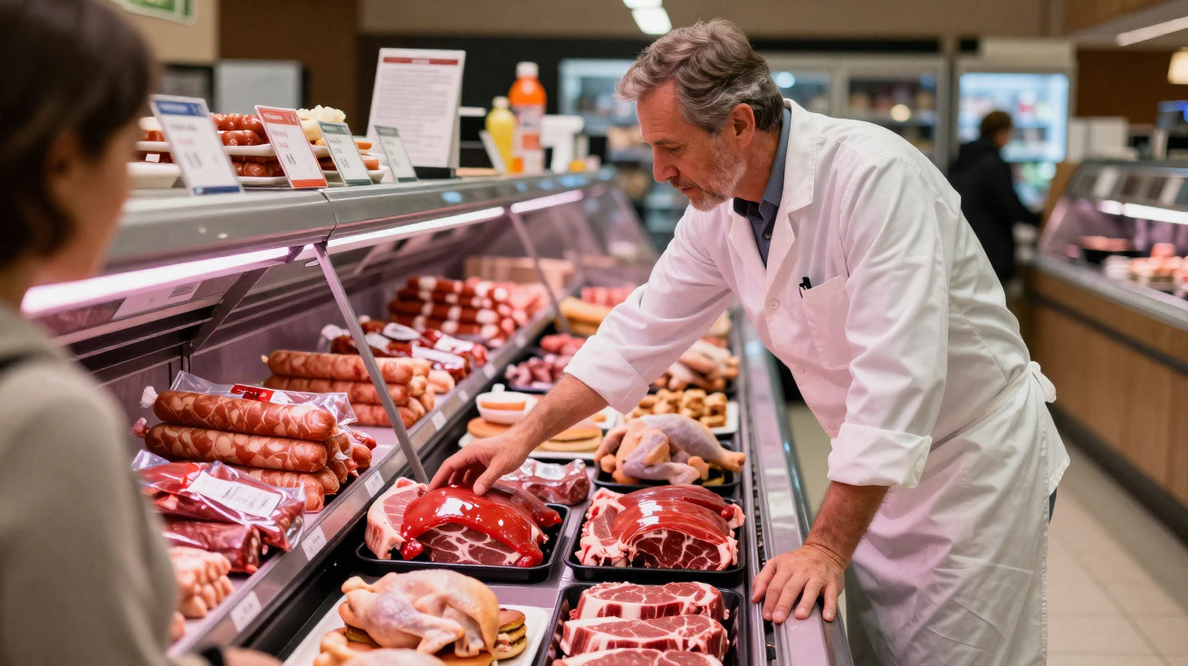 Mitarbeiter in weißem Kittel wählt Fleisch im Kühlregal im Supermarkt aus, Kunde schaut zu.