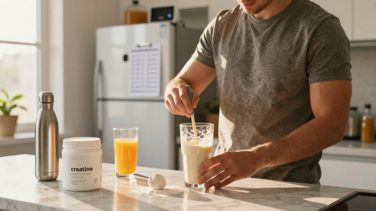 Mann rührt Kreatin-Pulver in Glas mit Getränk auf Küchentheke mit Saft und Trinkflasche.