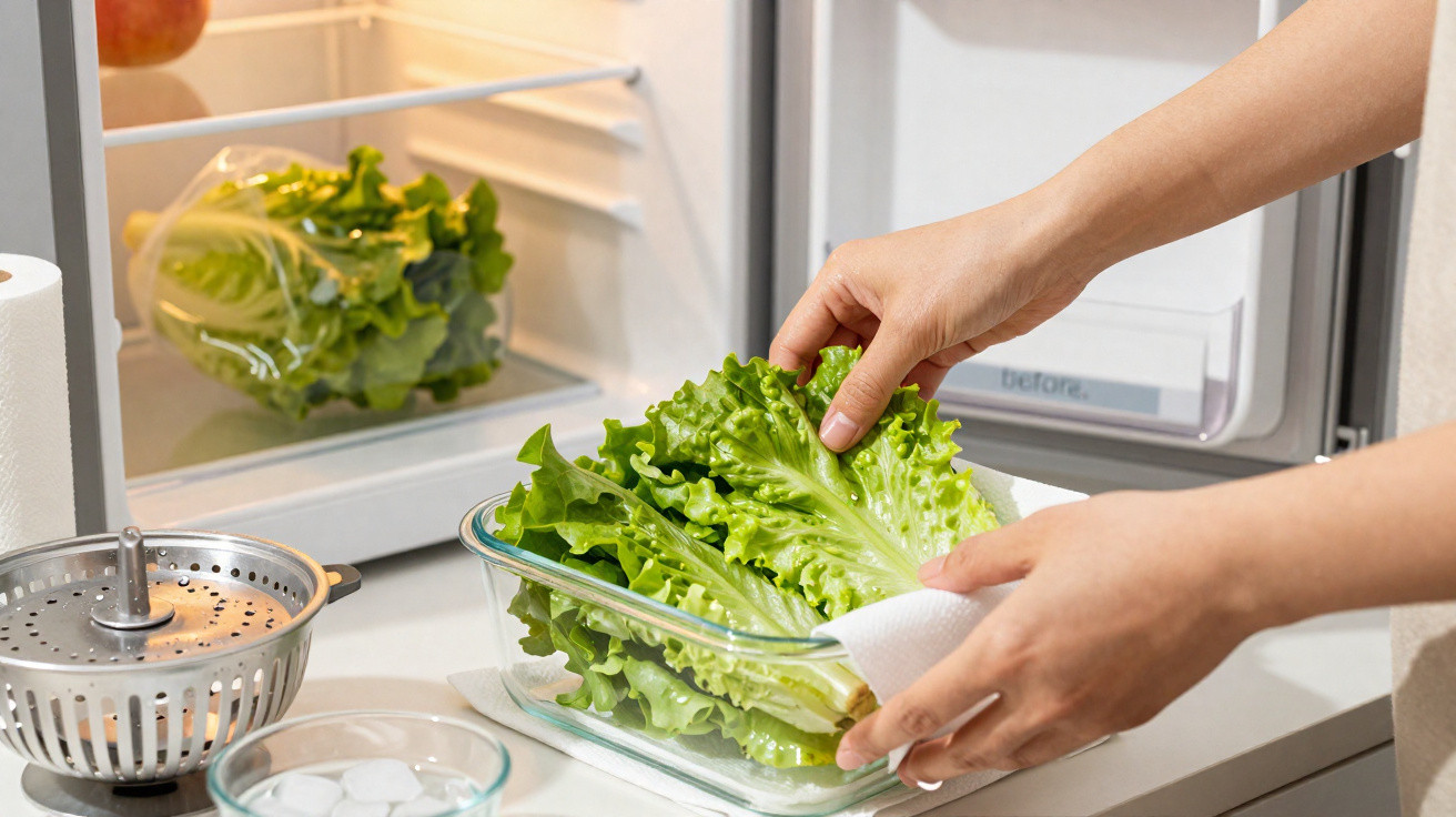 Person legt frischen grünen Salat in eine Glasdose vor offenem Kühlschrank in der Küche ab.