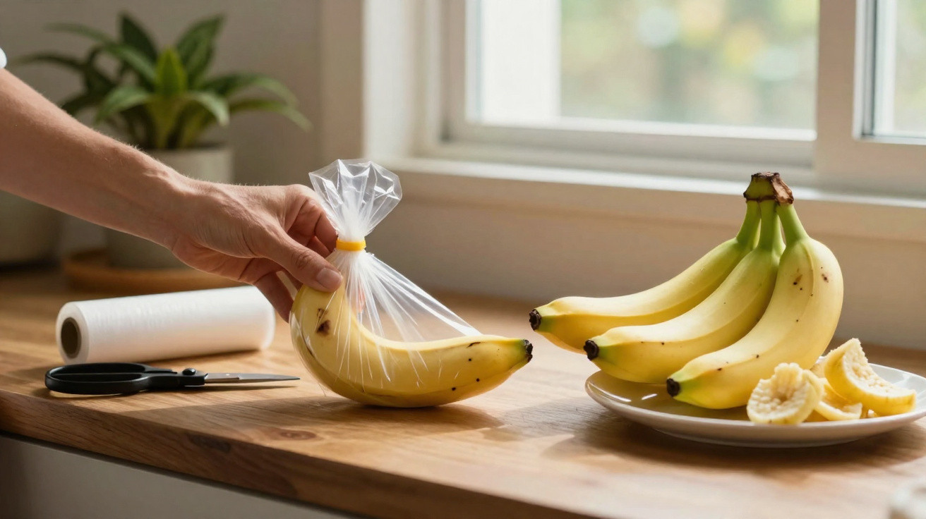 Hand verpackt eine Banane in Frischhaltefolie, daneben Bananen auf einem Teller auf der Küchenarbeitsplatte.