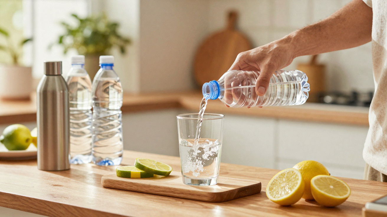 Hand gießt Wasser aus Plastikflasche in Glas, Zitronen und Limetten auf Holztisch in heller Küche.