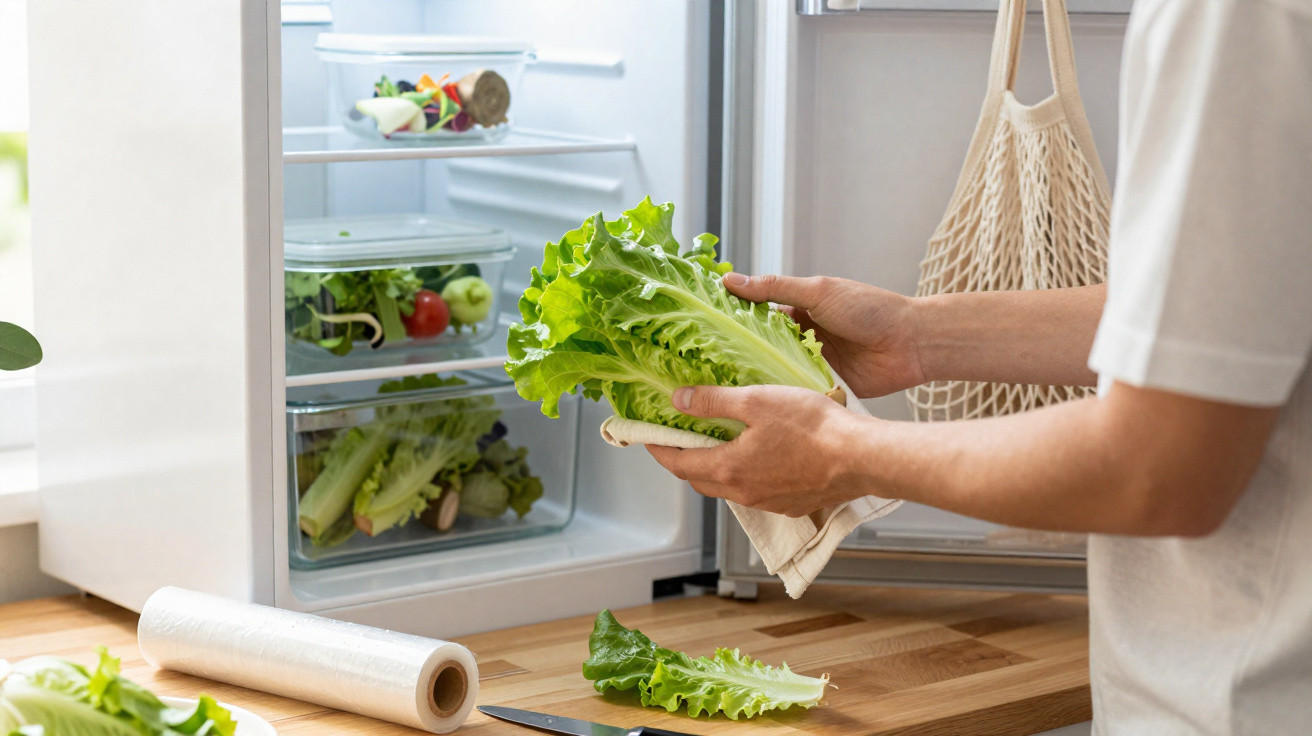 Person legt frischen grünen Salat in einen offenen Kühlschrank in der Küche auf einem Holzbrett.