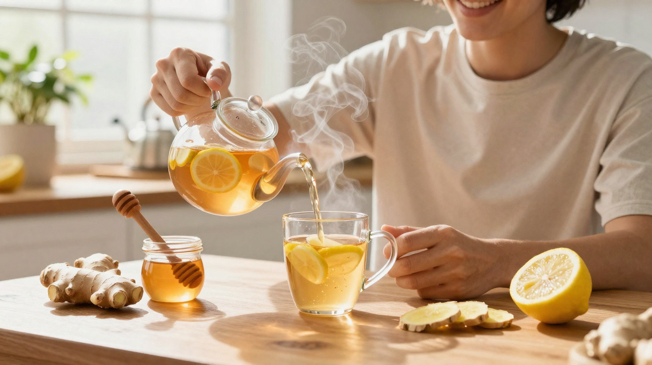 Person gießt heißen Zitronen-Ingwer-Tee aus Glas-Kanne in Tasse, Honig und frische Ingwerwurzel auf Holztisch.