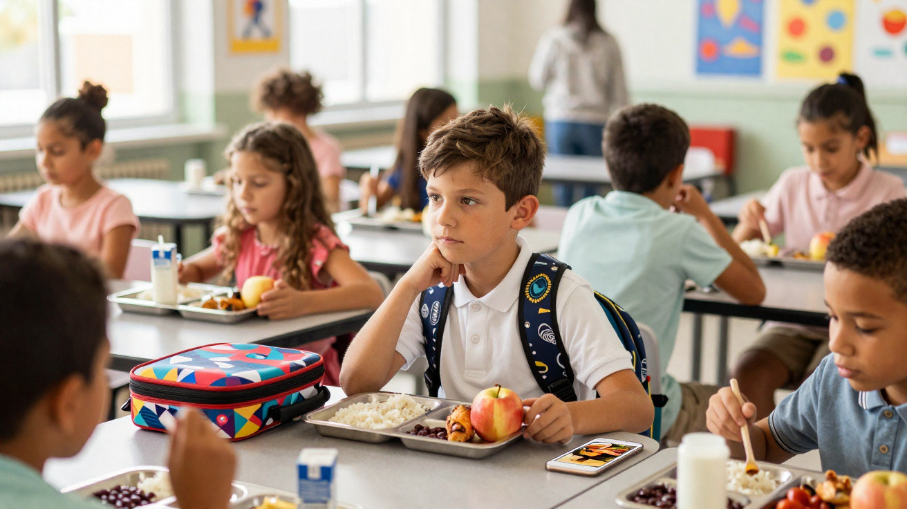 Kinder sitzen in der Schulkantine und essen gemeinsam ihr Mittagessen an Tischen.