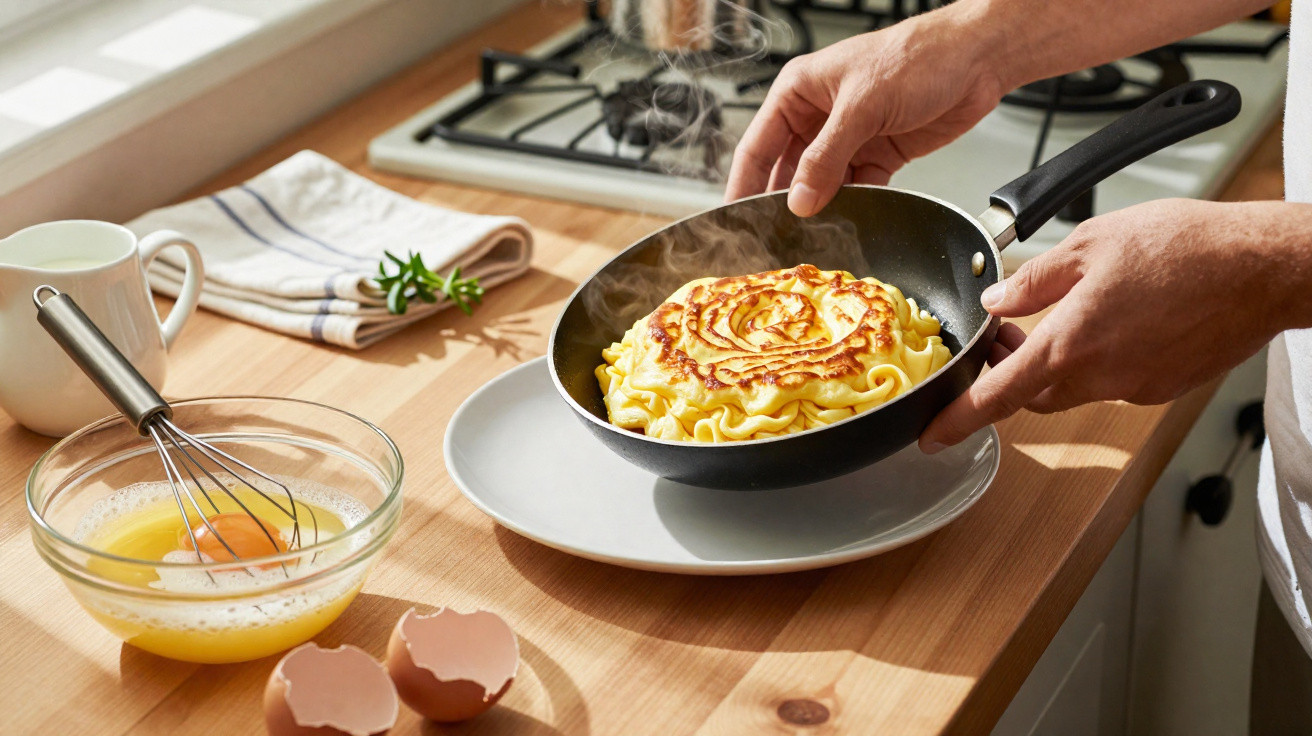 Zubereitung von dampfendem Käsespätzle in einer Pfanne, Eier und Schneebesen auf Holzarbeitsfläche.