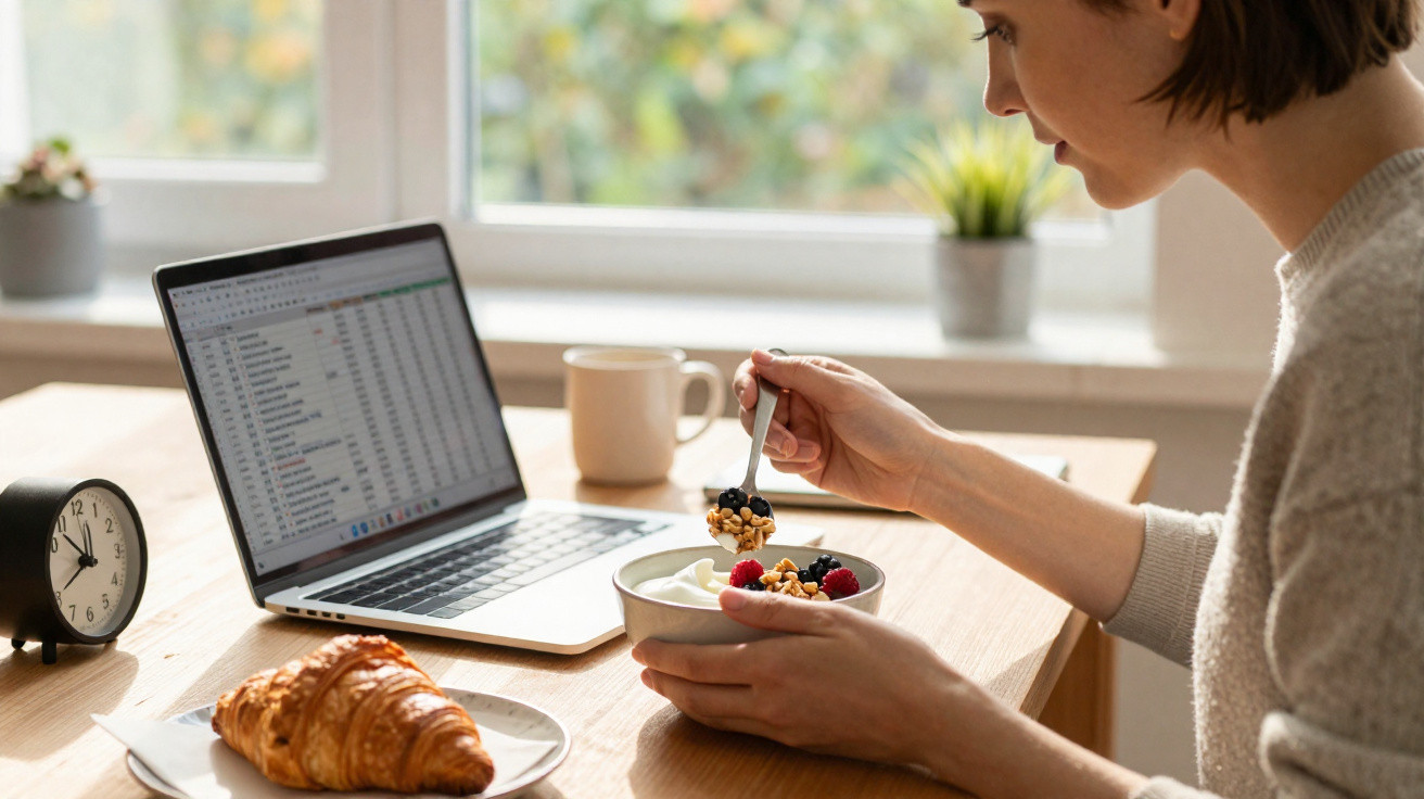 Frau isst Müsli mit Beeren und Nüssen am Tisch neben Laptop, Croissant und Wecker bei Tageslicht.