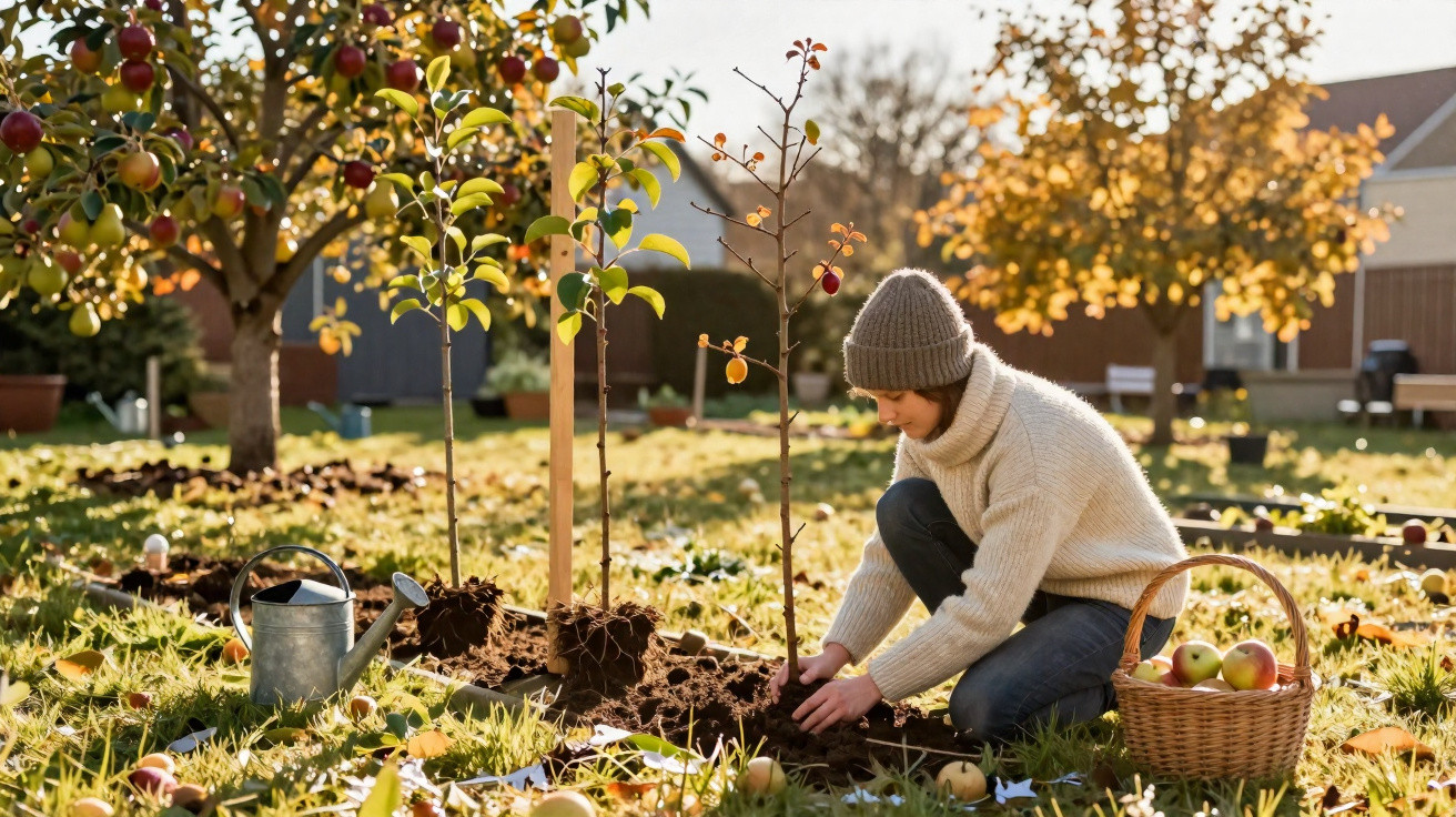 Person pflanzt jungen Baum in herbstlichem Garten mit Apfelkorb und Gießkanne neben sich