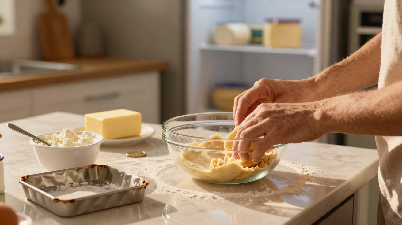 Eine Person formt Teig in einer Glas-Schüssel auf einer Küchenarbeitsplatte mit Zutaten im Hintergrund.