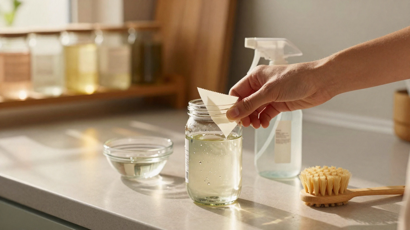 Hand taucht Reinigungstuch in Glas mit Flüssigkeit, daneben Schale, Sprühflasche und Bürste auf Küchenarbeitsplatte.
