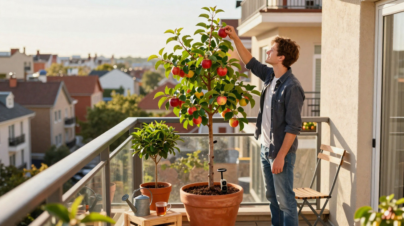 Junger Mann pflückt Äpfel von einem Apfelbaum auf einem sonnigen Balkon einer Stadtwohnung.