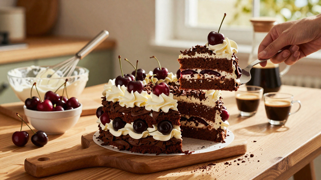 Schwarzwälder Kirschtorte mit Sahne und Kirschen auf Holzbrett, daneben zwei Espresso und eine Schüssel mit Kirschen.