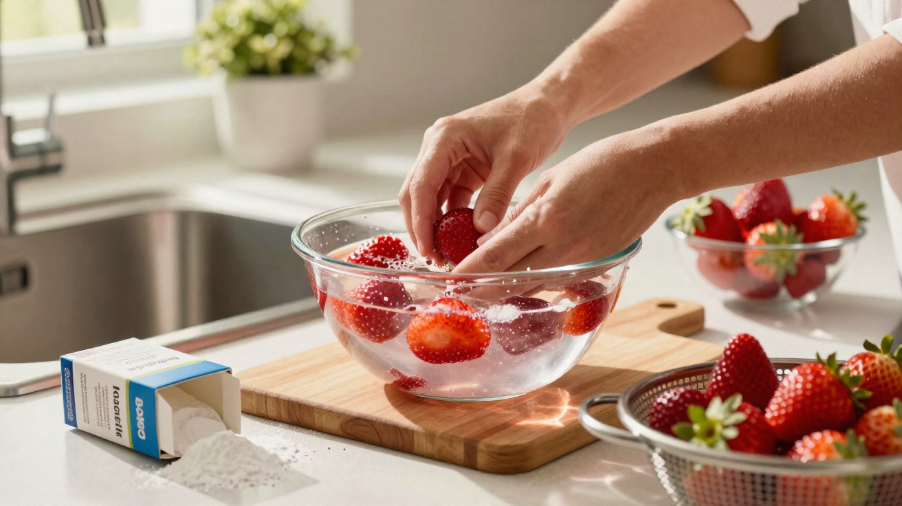Hände waschen frische Erdbeeren in einer Glasschüssel mit Wasser am Küchenfenster bei Tageslicht.