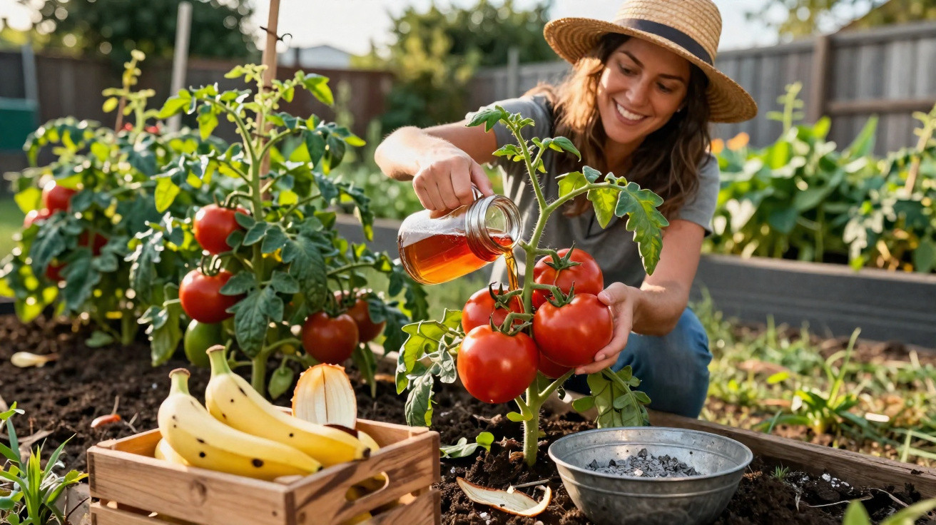 Frau gießt Tomatenpflanze im Garten, umgeben von Gemüse und Kiste mit Bananen bei Sonnenlicht.