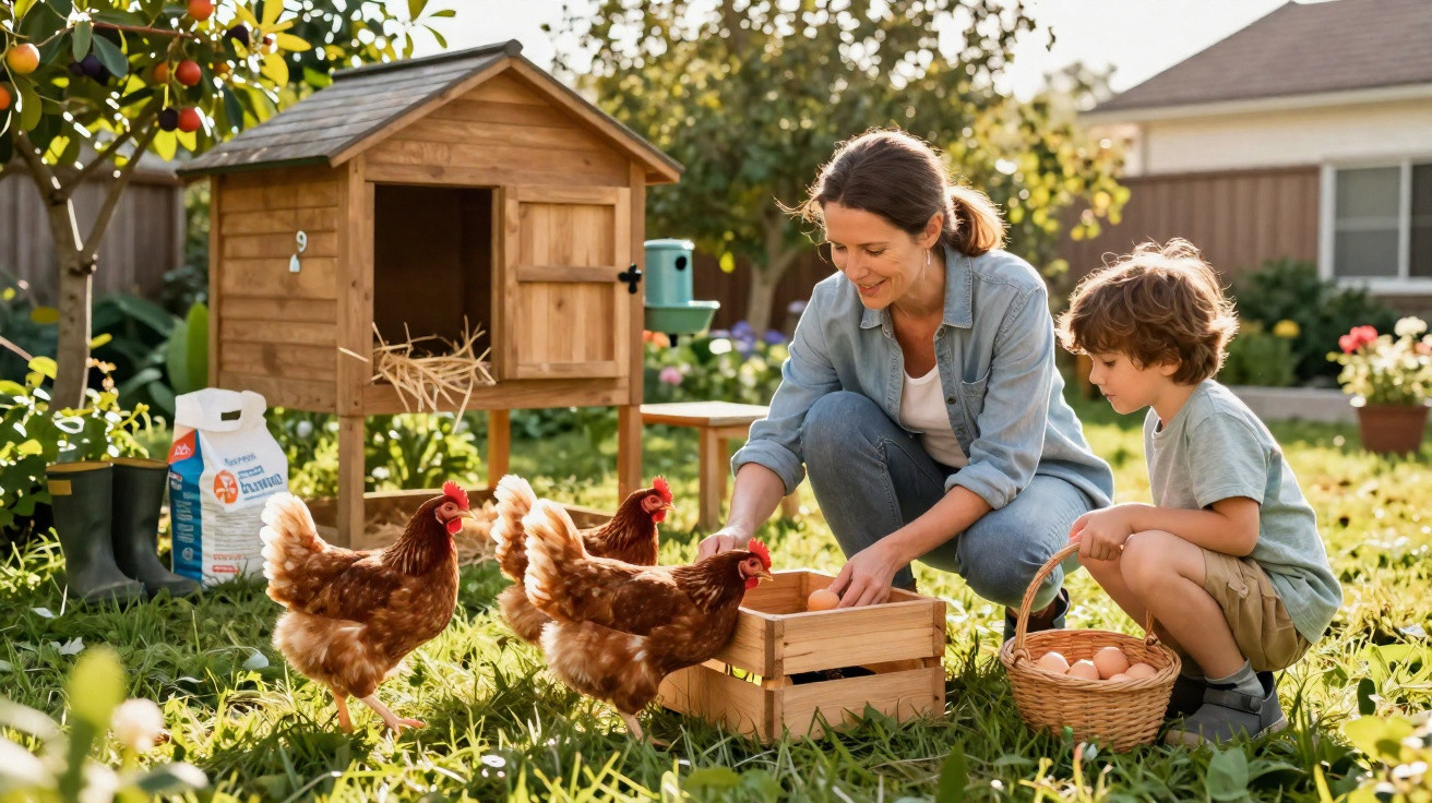 Frau und Kind sammeln Eier im Garten, umgeben von Hühnern und Hühnerstall bei sonnigem Wetter.