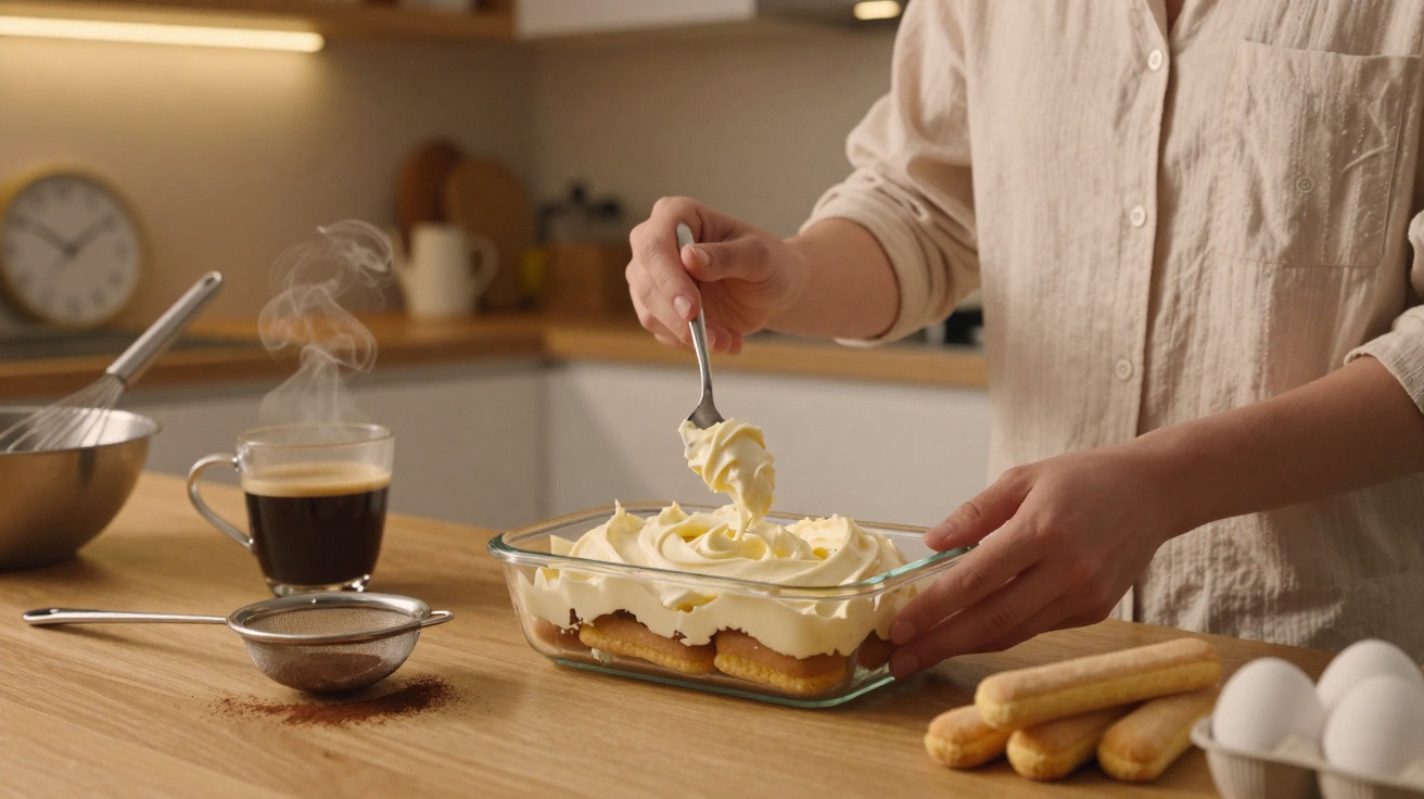 Person trägt Creme auf Tiramisu in Glasform auf, daneben Kaffee, Löffelbiskuits und Eier auf Holztisch.