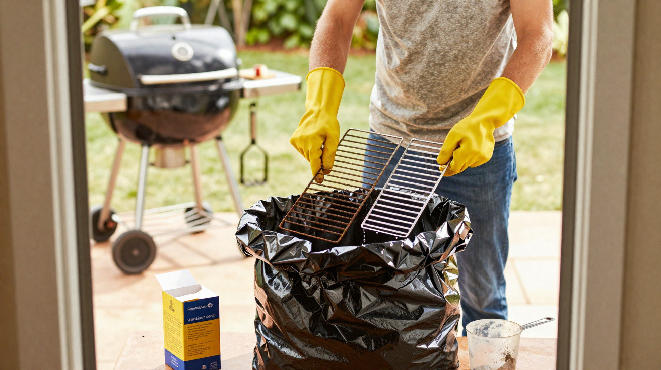 Person mit gelben Handschuhen entsorgt schmutzige Grillroste in einem schwarzen Müllsack im Garten.