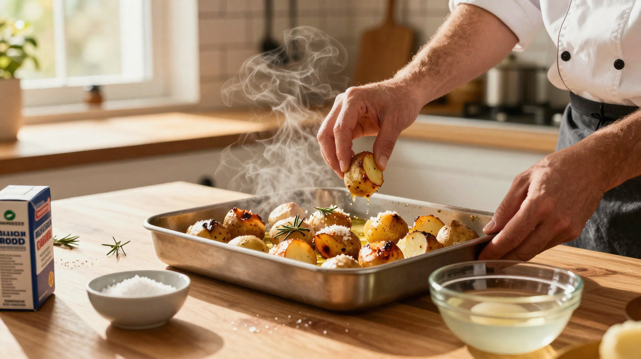 Koch richtet dampfende, gebackene Rosmarinkartoffeln in Blech in heller Küche an.