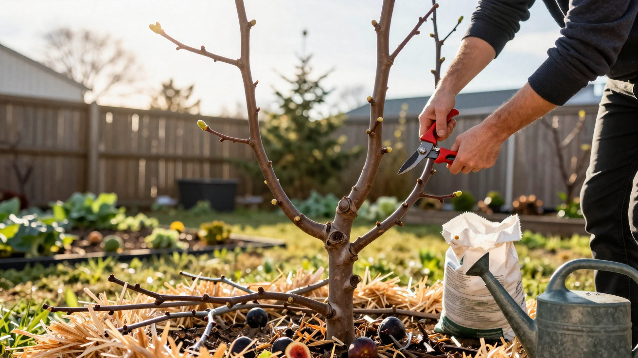 Person schneidet im Garten Zweige eines jungen Baumes mit einer Gartenschere zurück.