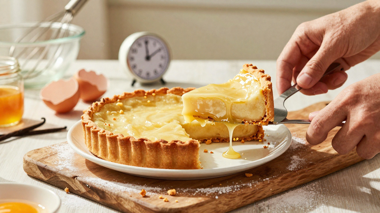 Hände schneiden ein Stück Vanillepuddingkuchen mit dicker Füllung, Eier und Uhr im Hintergrund.