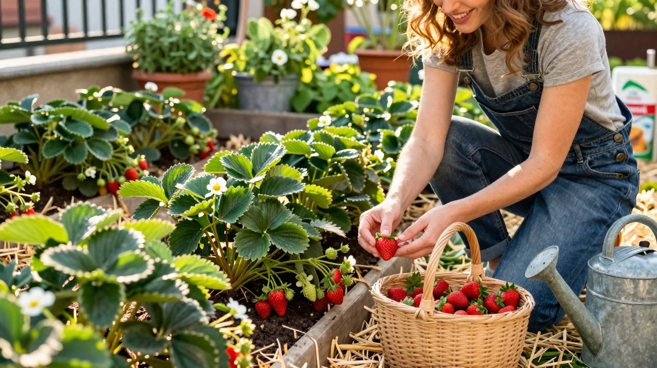 Frau in Jeans sammelt reife Erdbeeren im Garten und legt sie in einen Korb neben einer Gießkanne.