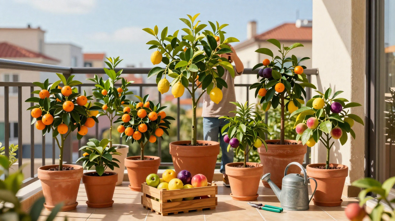 Balkon mit Zitrus- und Obstbäumen in Töpfen, Kiste mit Äpfeln, Giesskanne und Sonnenschein.