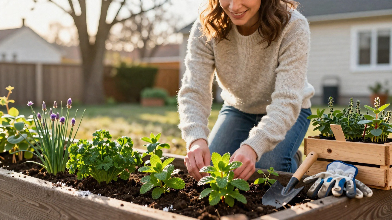 Frau pflanzt Kräuter in Hochbeet im Garten bei Sonnenschein, Gartengeräte und Handschuhe liegen daneben.