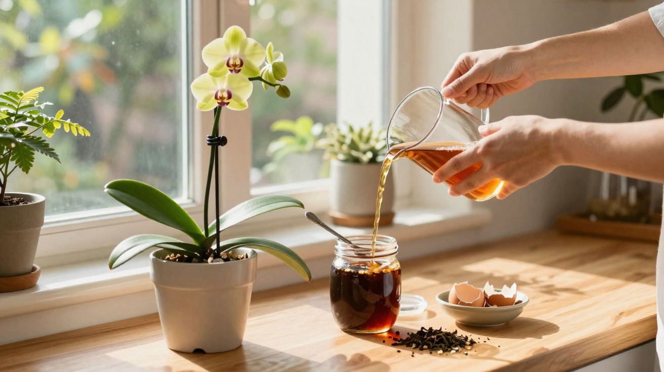Person gießt Tee in ein Glas auf einer sonnigen Küchenablage neben einer Orchidee und Eierschalen.