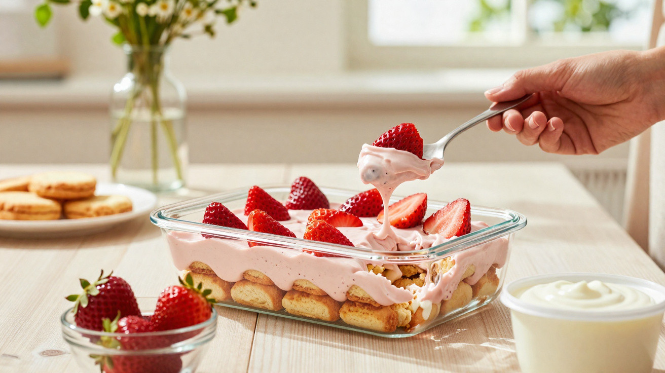 Hand mit Löffel verteilt Erdbeercreme auf einem Dessert mit Löffern und frischen Erdbeeren in einer Glasform.