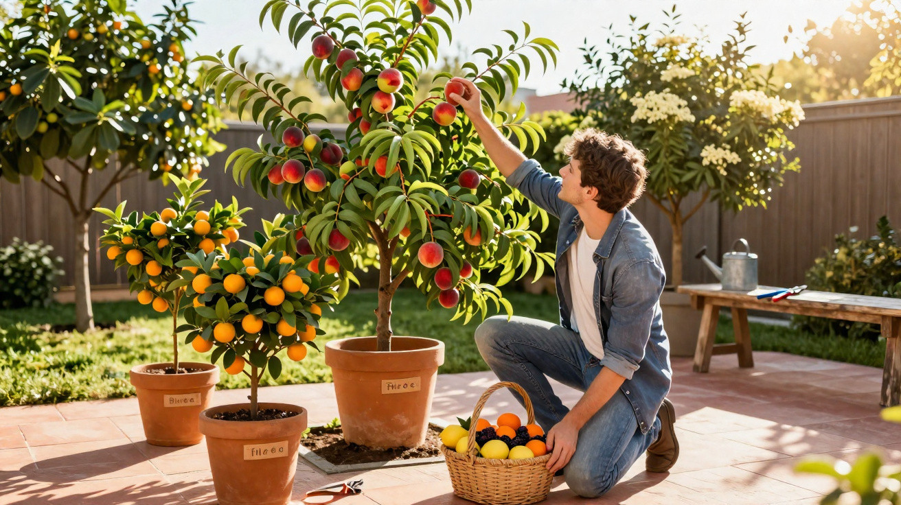 Junger Mann pflückt reife Früchte von Topfpflanzen im sonnigen Garten und legt sie in einen Korb.