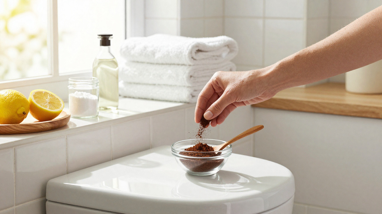Hand streut braunes Peelingpulver aus einer Glasschale im hellen Badezimmer mit Zitronen und Handtüchern.