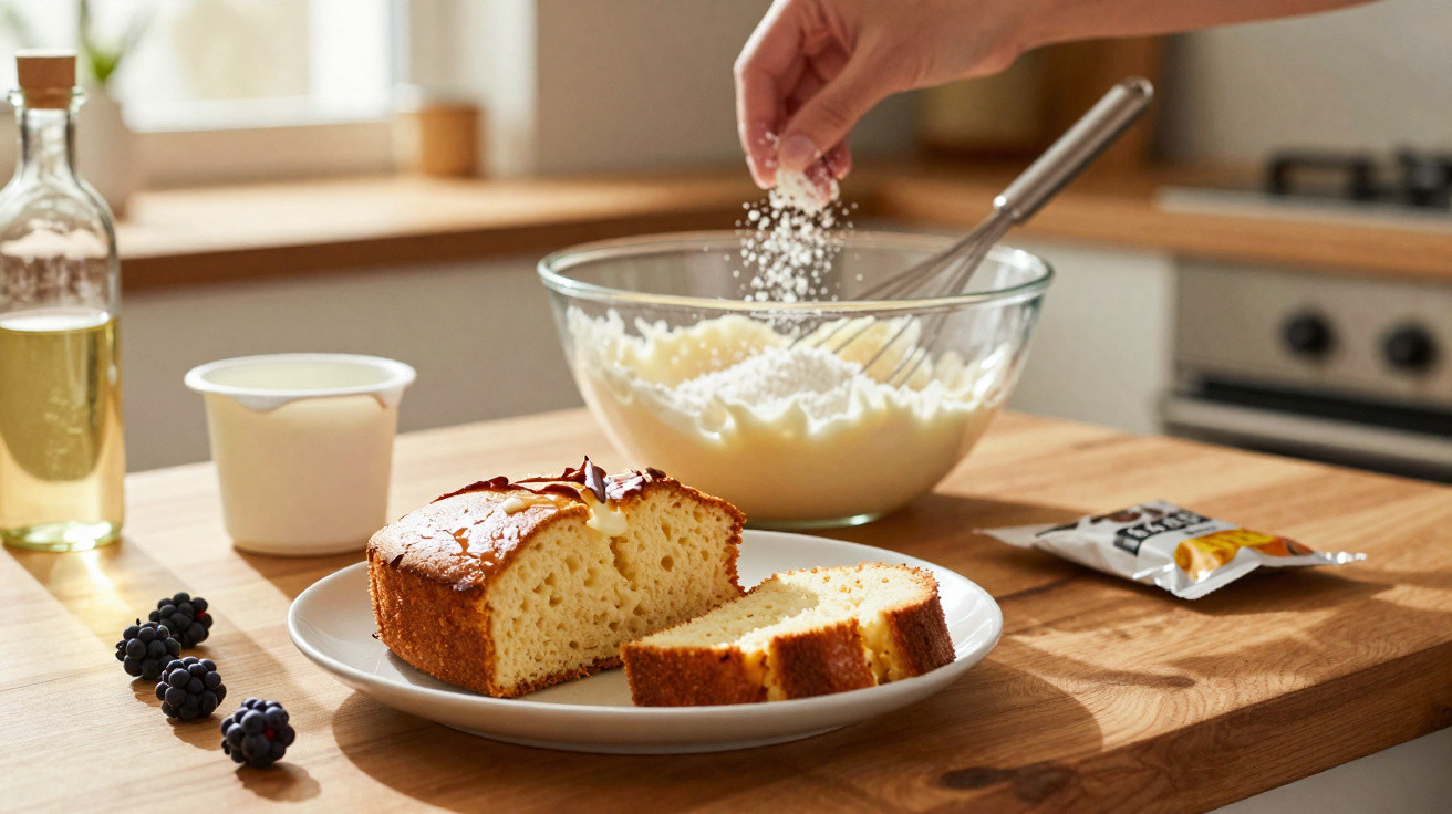 Hand streut Zucker in Schüssel mit Teig, Kuchen und Brombeeren auf Holztisch in Küche.