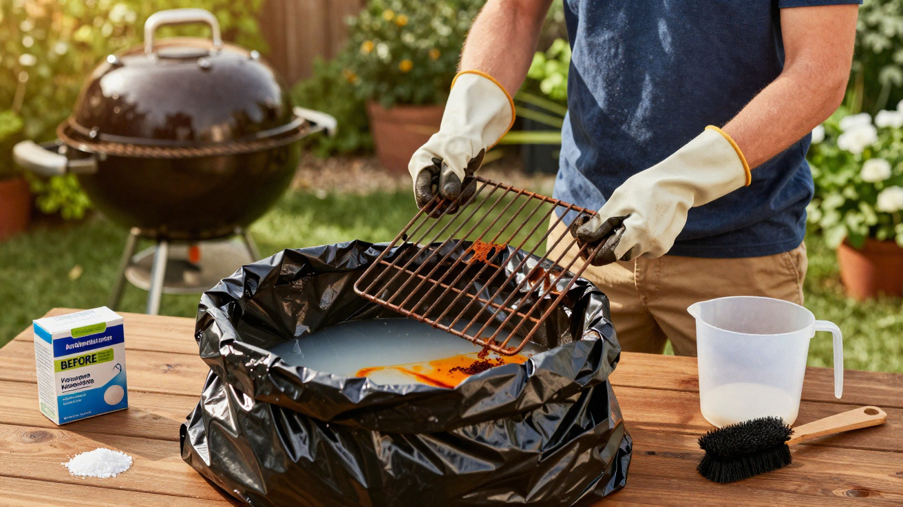 Person reinigt verrosteten Grillrost in Zinkwasserbad mit Schutzhandschuhen im Garten.