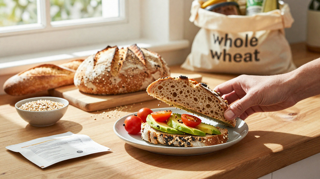 Hand legt eine Scheibe Vollkornbrot mit Avocado und Tomaten auf ein Teller in helle Küche.