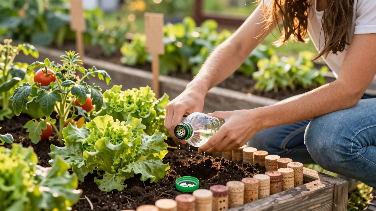 Frau gießt Pflanzen in einem Hochbeet mit frischem Salat und Tomaten in einem sonnigen Garten.