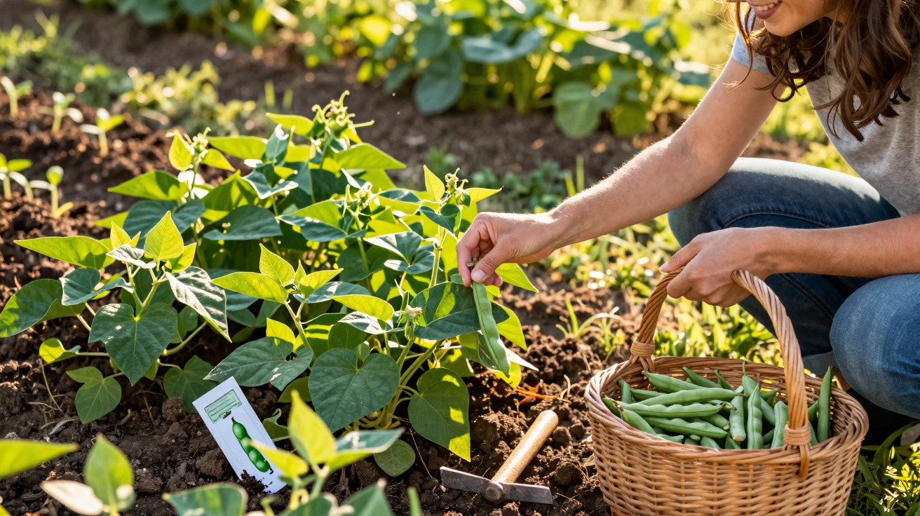 Frau erntet grüne Bohnen und legt sie in einen Korb im sonnigen Gemüsegarten.