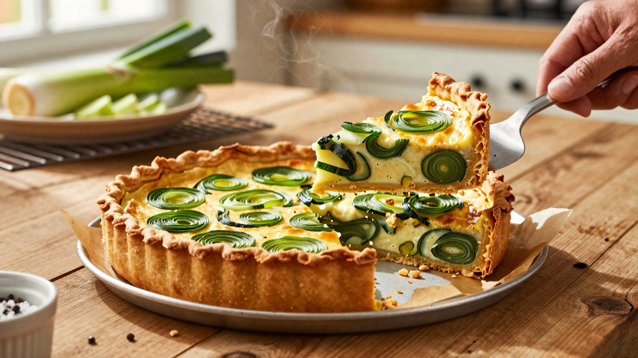 Hand nimmt Stück Lauchquiche von rundem Backblech auf Holztisch mit Lauch im Hintergrund