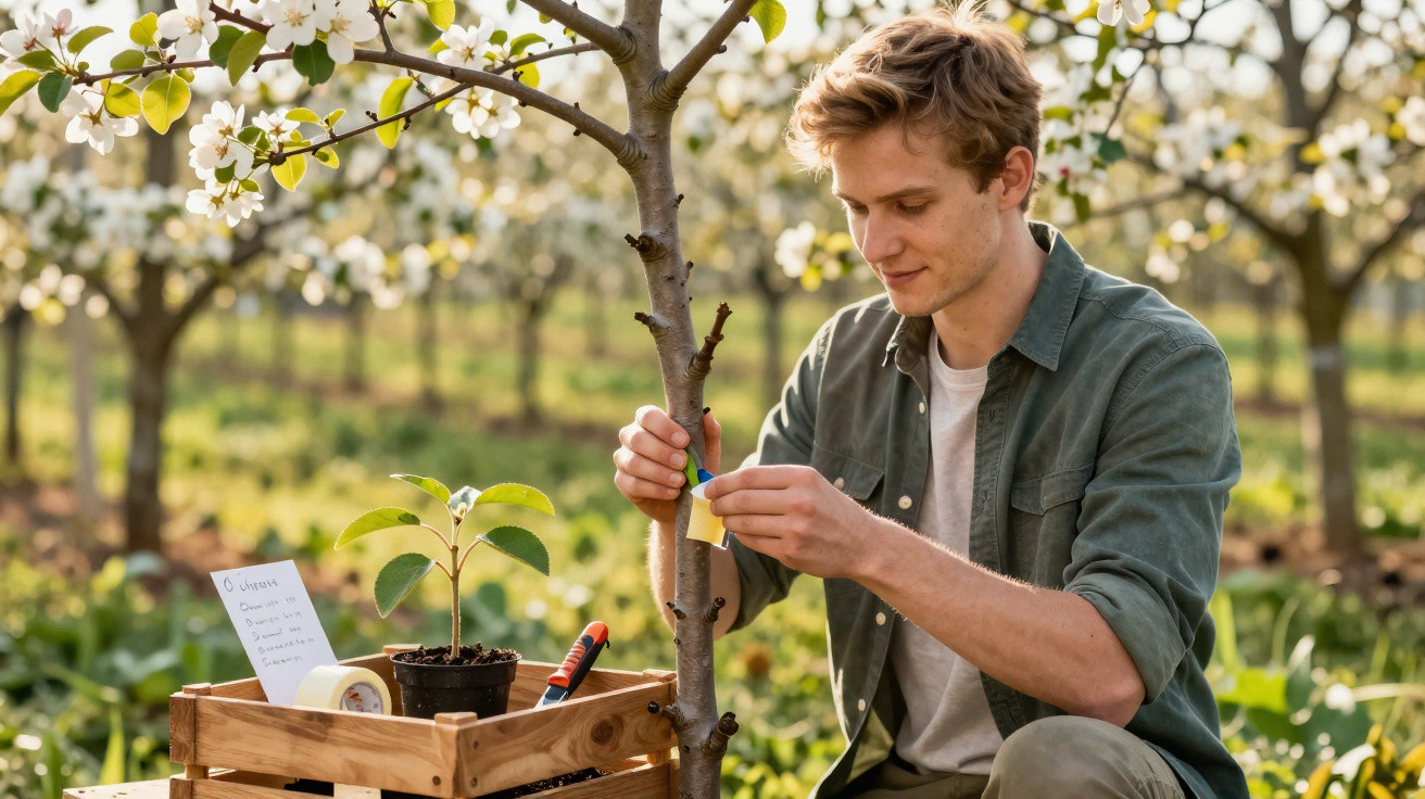 Junger Mann markiert Baum im blühenden Obstgarten bei Sonnenlicht, neben Holzbox mit Pflanzen und Werkzeug.