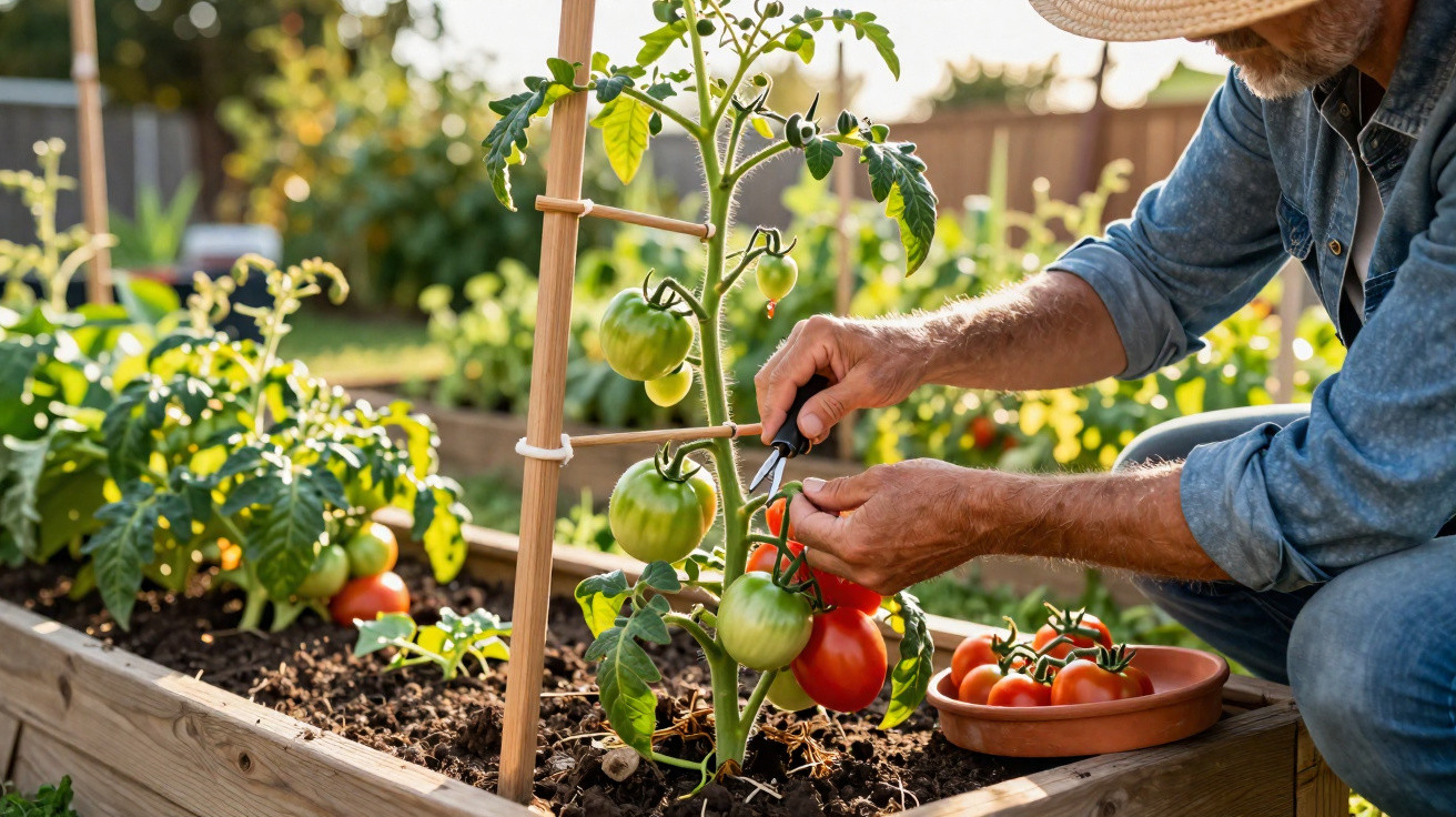 Mann schneidet reife Tomaten an einer Pflanze im Hochbeet im Garten bei Sonnenschein.