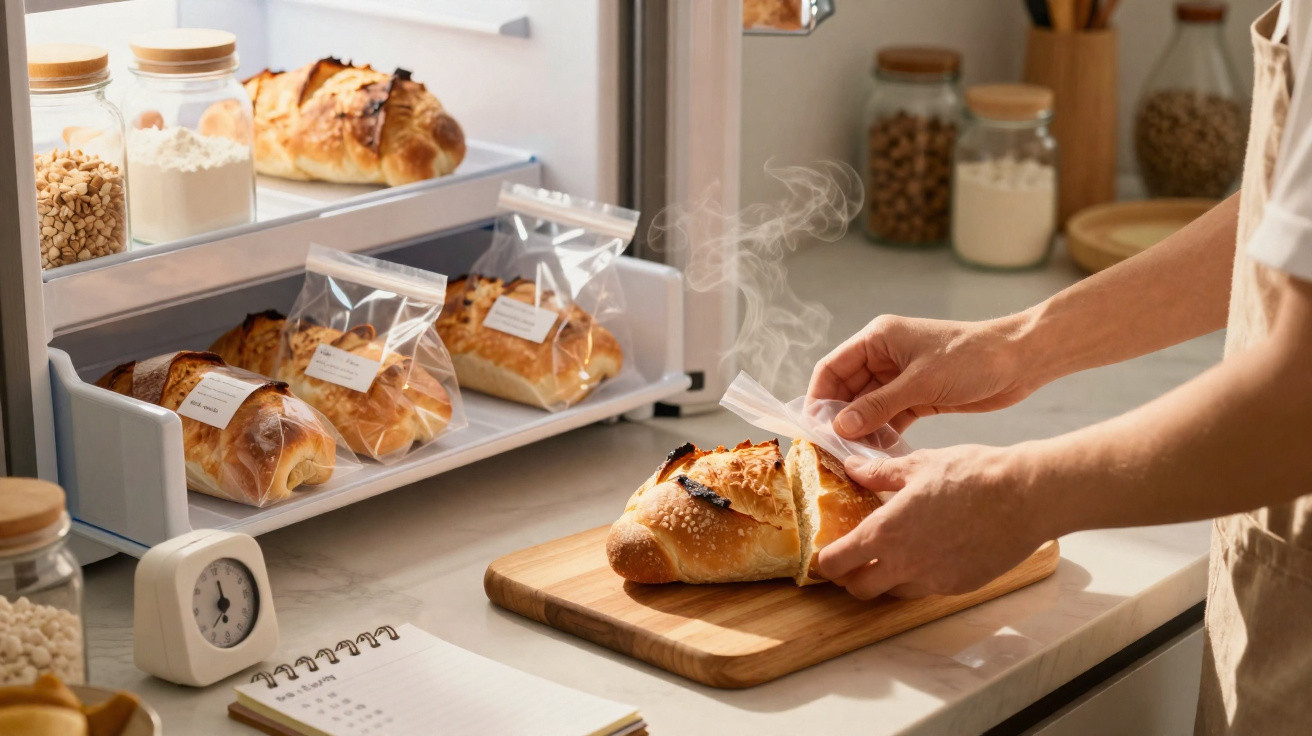 Frisch gebackenes, dampfendes Gebäck wird in wiederverschließbare Tüten verpackt, neben Gläsern mit Zutaten.