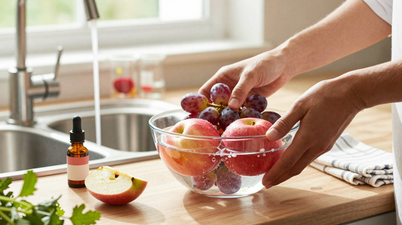 Person wäscht Äpfel und Trauben in einer Glasschüssel mit Wasser in der Küche.
