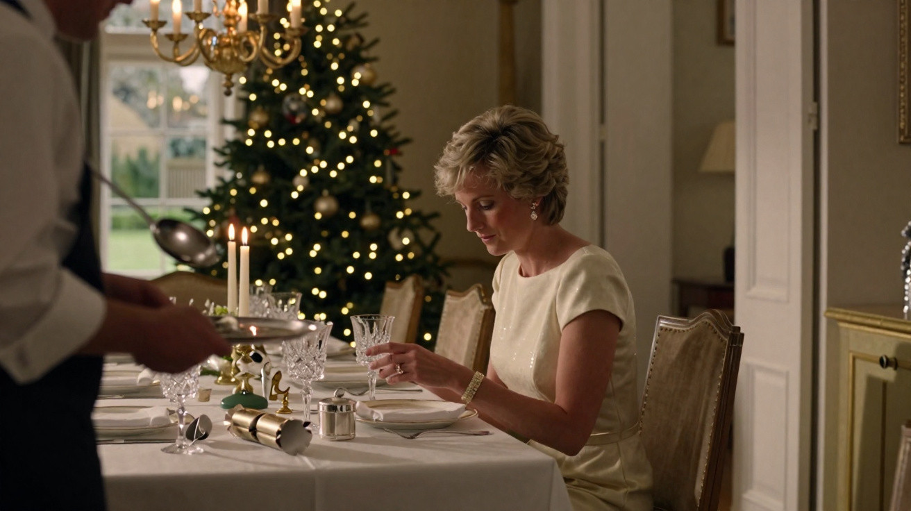 Frau in festlichem Kleid sitzt an gedecktem Tisch vor Weihnachtsbaum mit Kerzenlicht im eleganten Esszimmer.