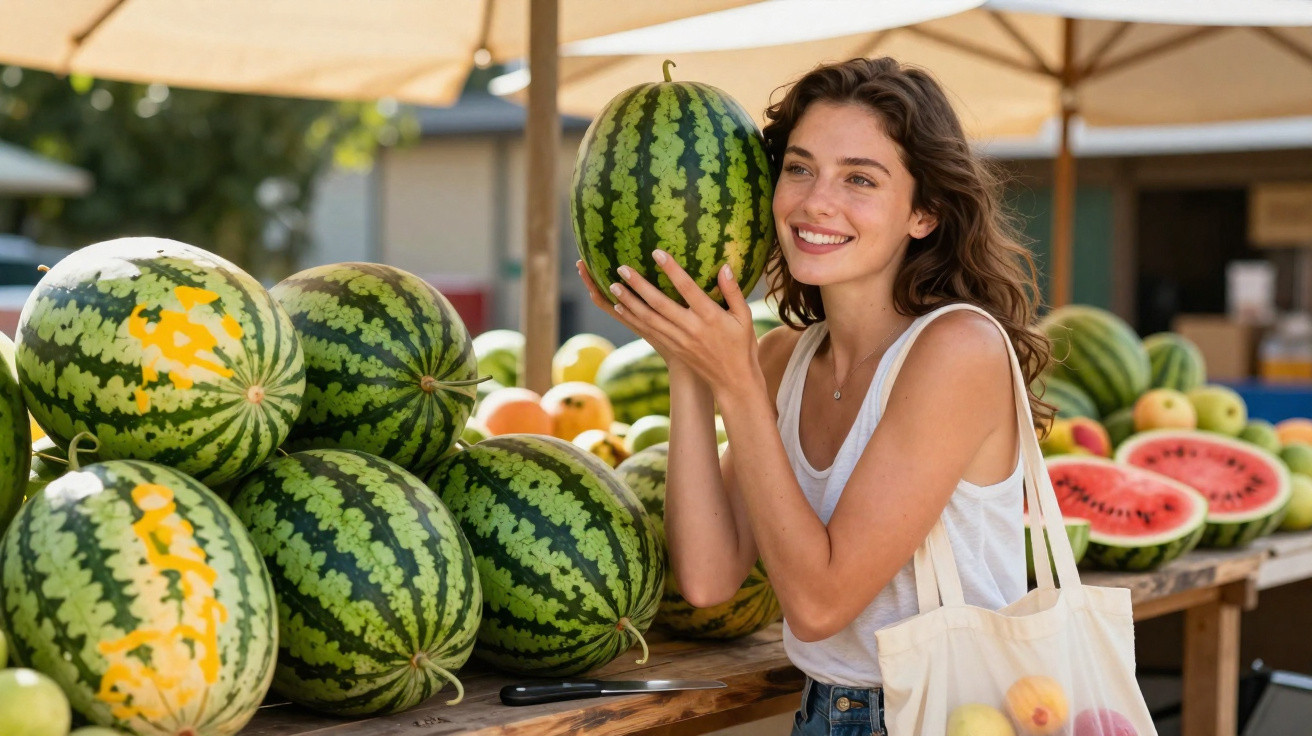 Frau hält lachend eine Wassermelone auf einem Marktstand mit vielen Melonen und Früchten.