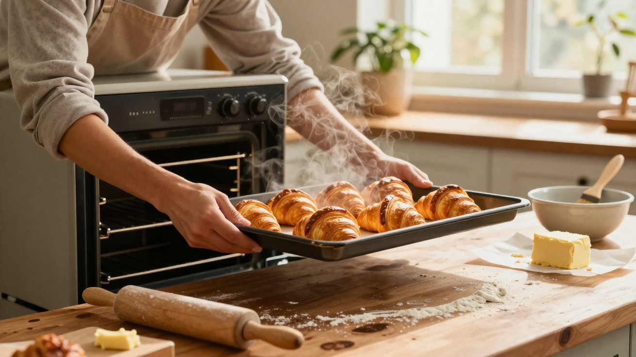 Person nimmt ein Blech mit frisch gebackenen Croissants aus dem Ofen in einer heimischen Küche.