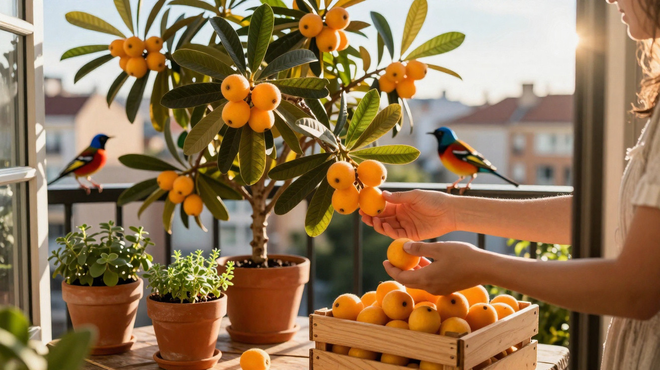 Person pflückt frische orange Früchte von einem Topfbaum am Balkon mit Vögeln und Krüge mit Pflanzen.
