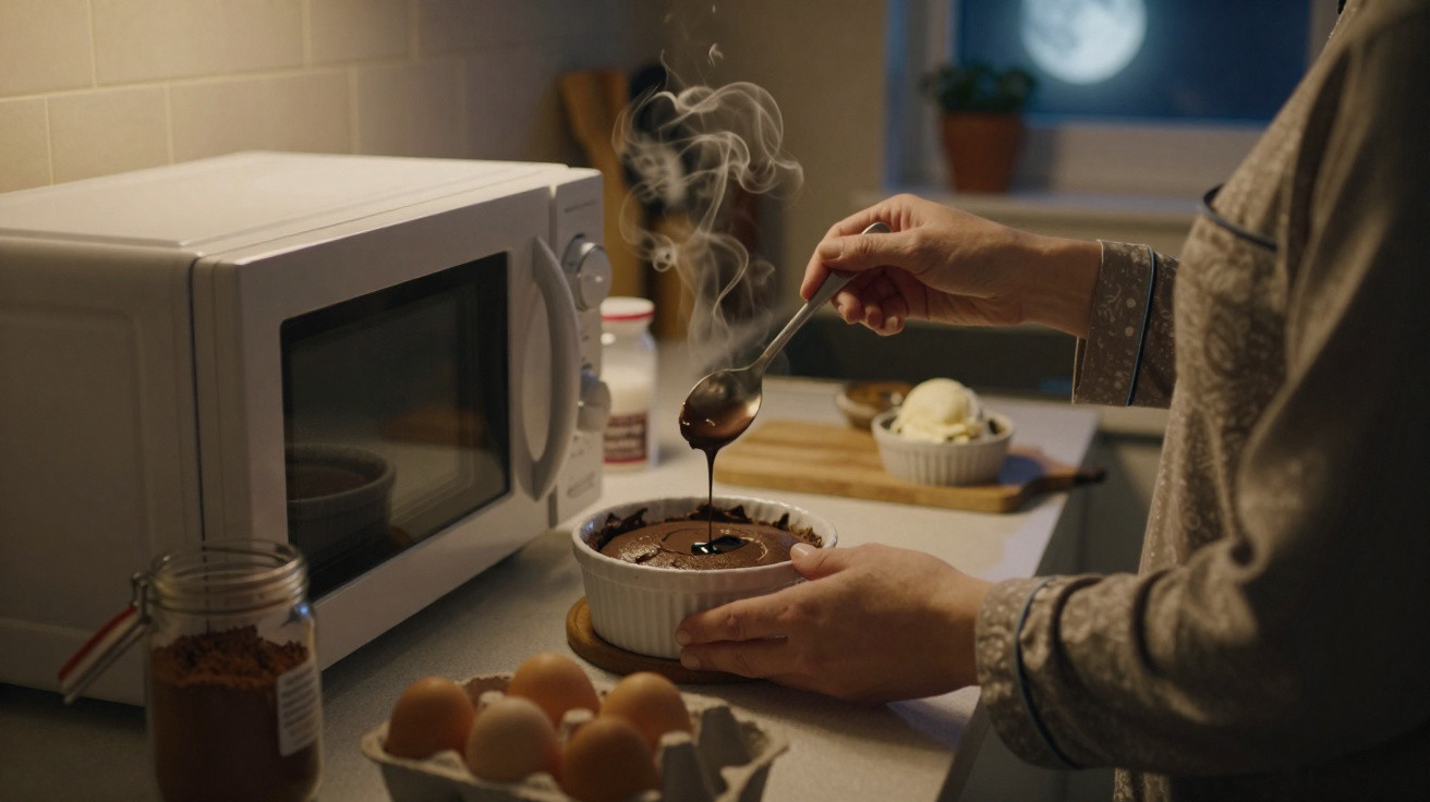 Person gießt warme Schokoladensauce über frisch gebackenen Kuchen in Küche bei Nacht mit Mikrowelle und Eierkarton.