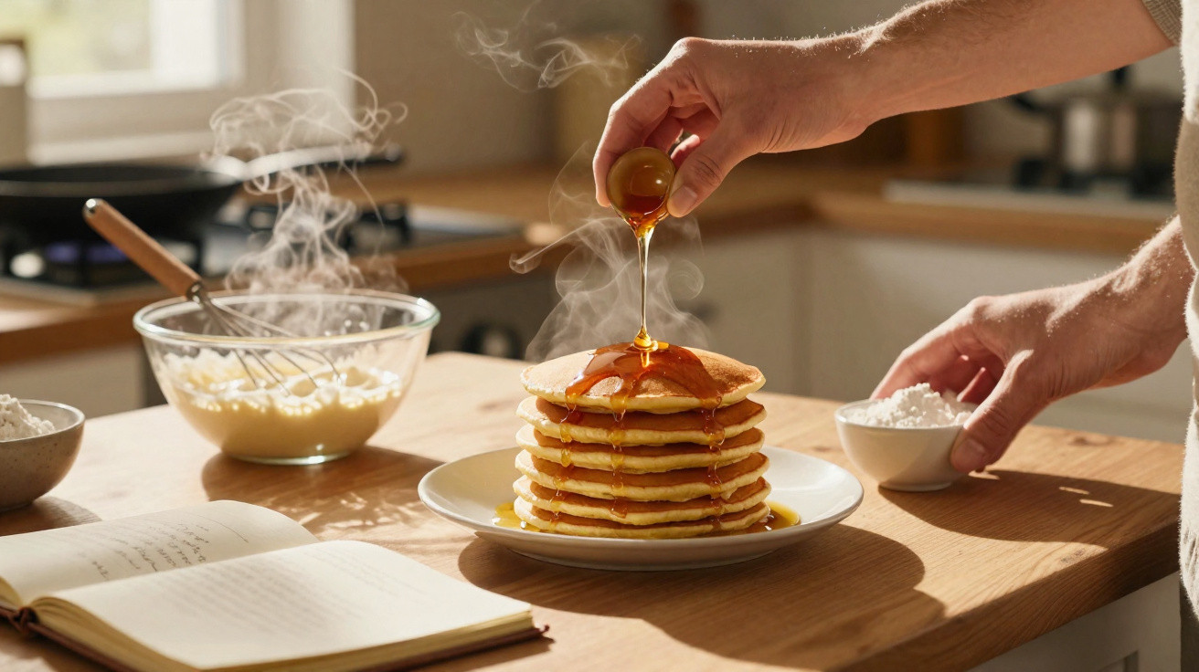 Hand gießt Ahornsirup über heißen Pfannkuchenstapel in einer sonnigen Küche mit Backzutaten auf Holztisch.