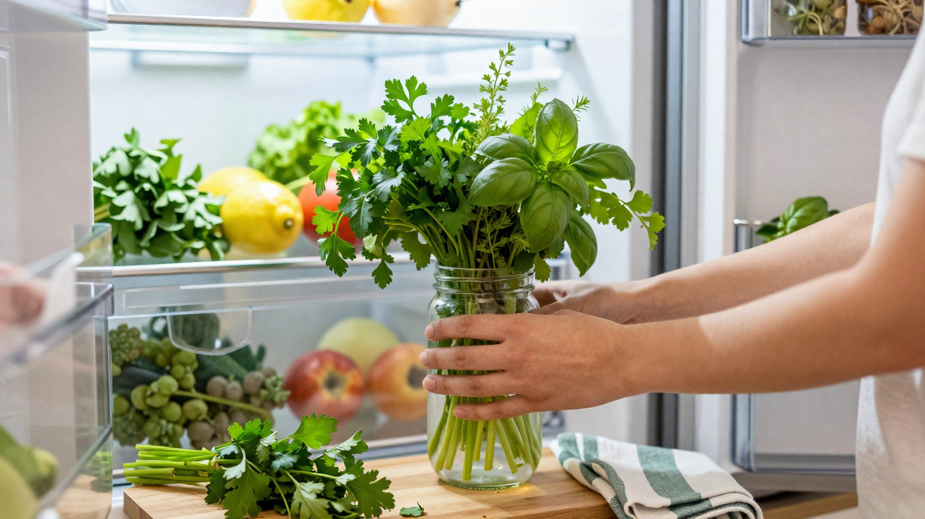 Person stellt frische Kräuter in Glasgefäß in gut gefüllten Kühlschrank mit Obst und Gemüse.