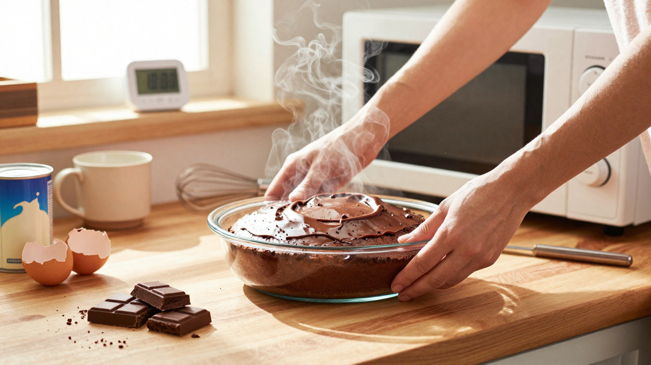 Dampfender Schokoladenkuchen in Glasform wird von Händen auf Holztisch mit zerbrochenen Eiern und Schokolade abgestellt.