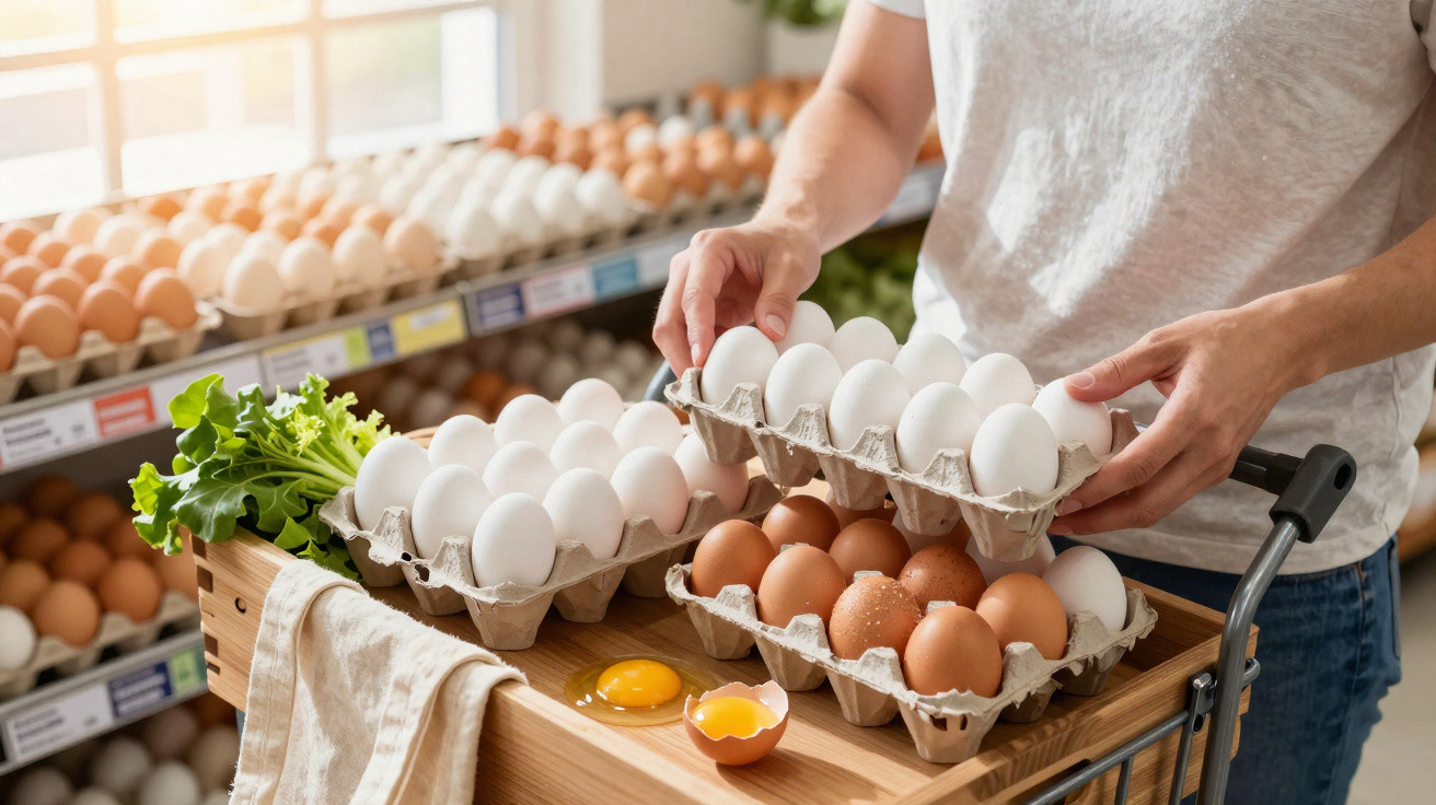 Person sortiert weiße und braune Eier im Supermarkt auf einem Einkaufswagen mit Eierkartons und aufgebrochenem Ei.